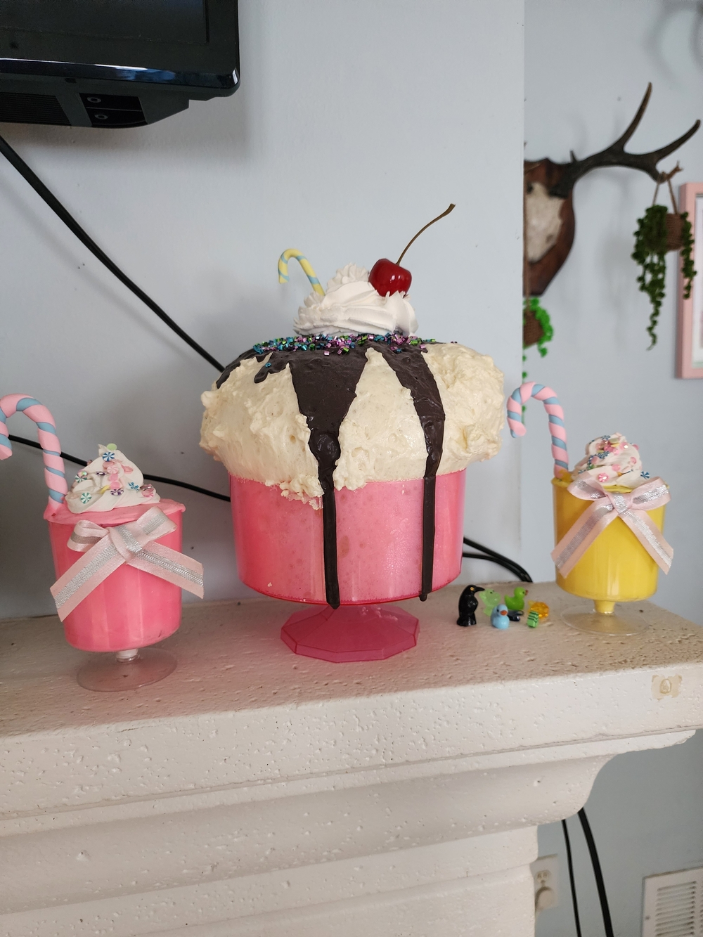 Pink Ice Cream Sundae Cake Topper with Cherry Accent